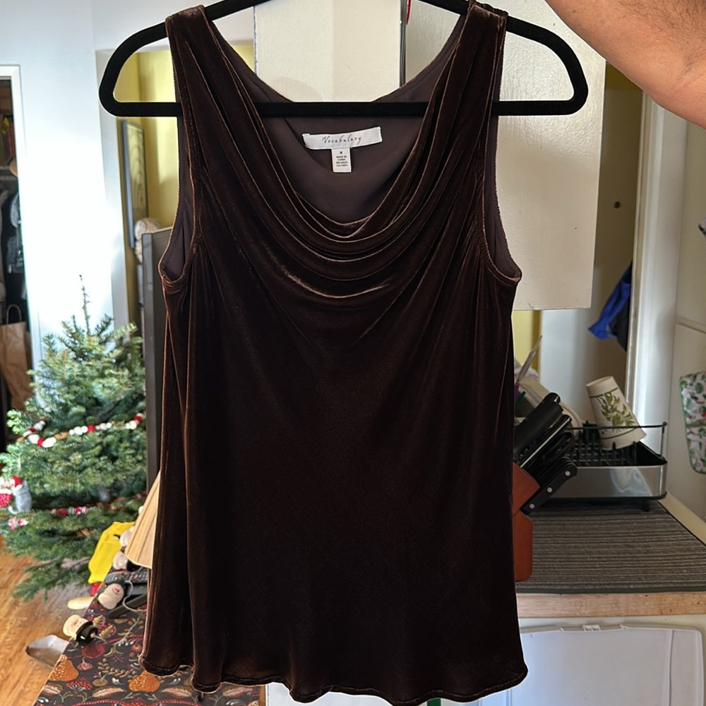 Chocolate brown velvet cowl neck tank top, women’s size Medium.